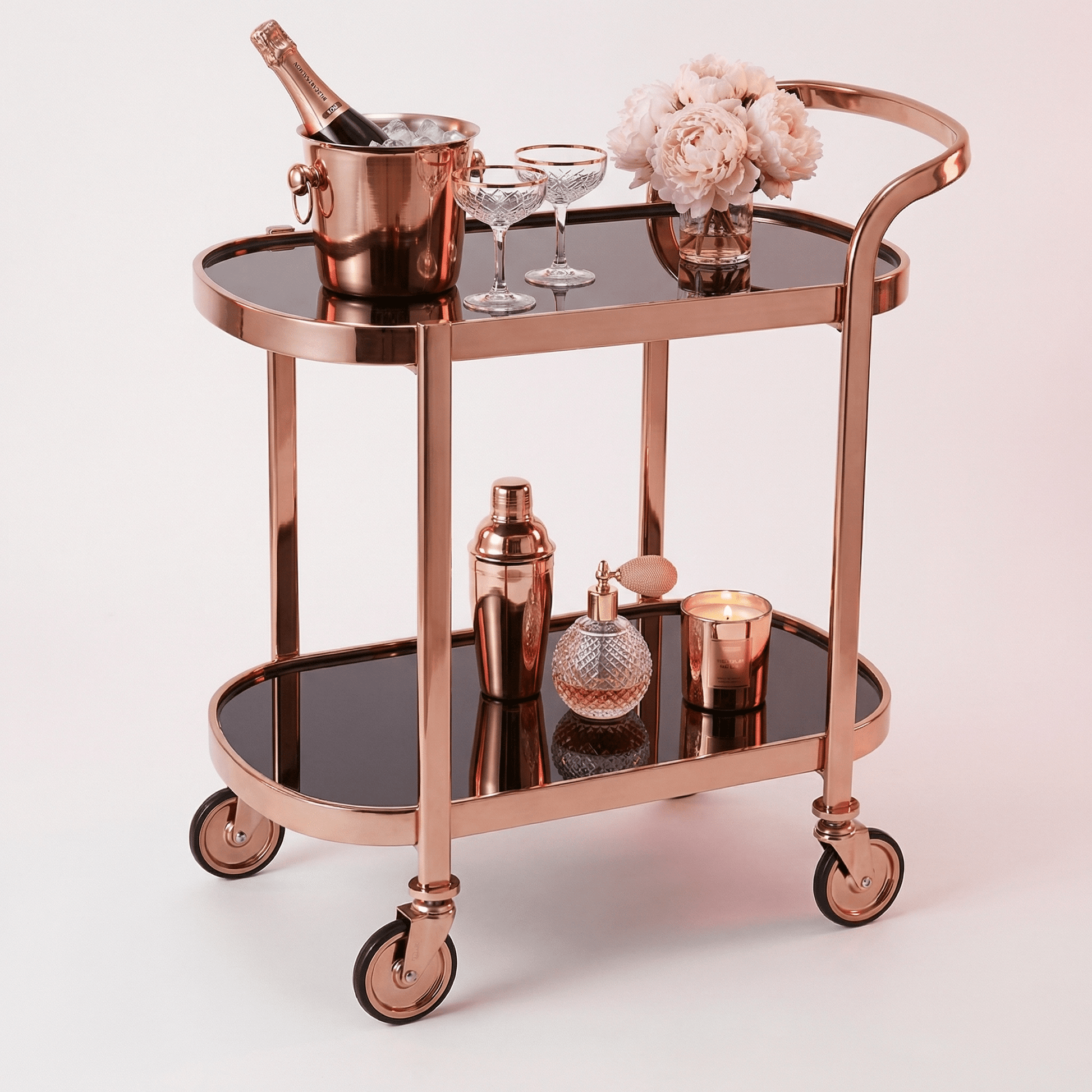 The Collins bar trolley side view — Rose Gold-accented black beverage cart