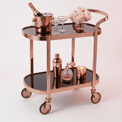 The Collins bar trolley side view — Rose Gold-accented black beverage cart