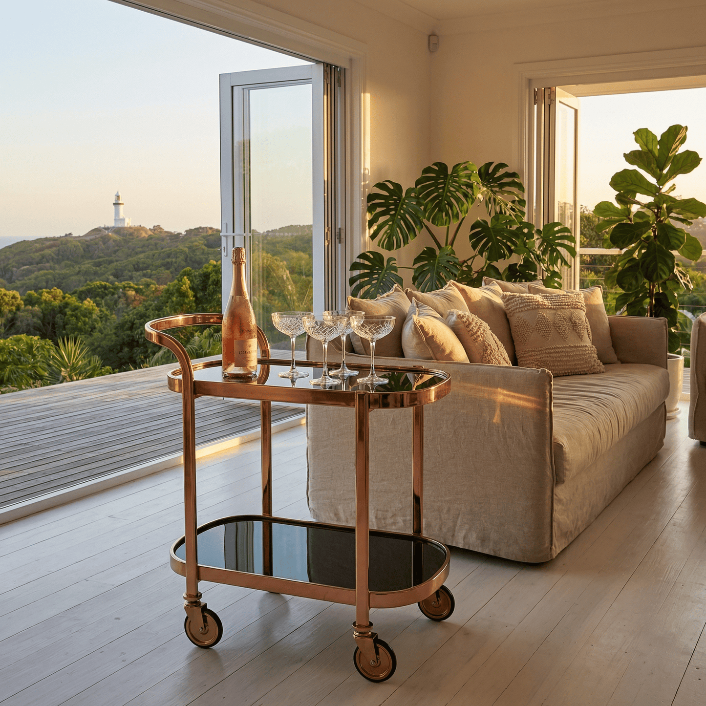 The Collins bar trolley side view — Rose Gold-accented black beverage cart