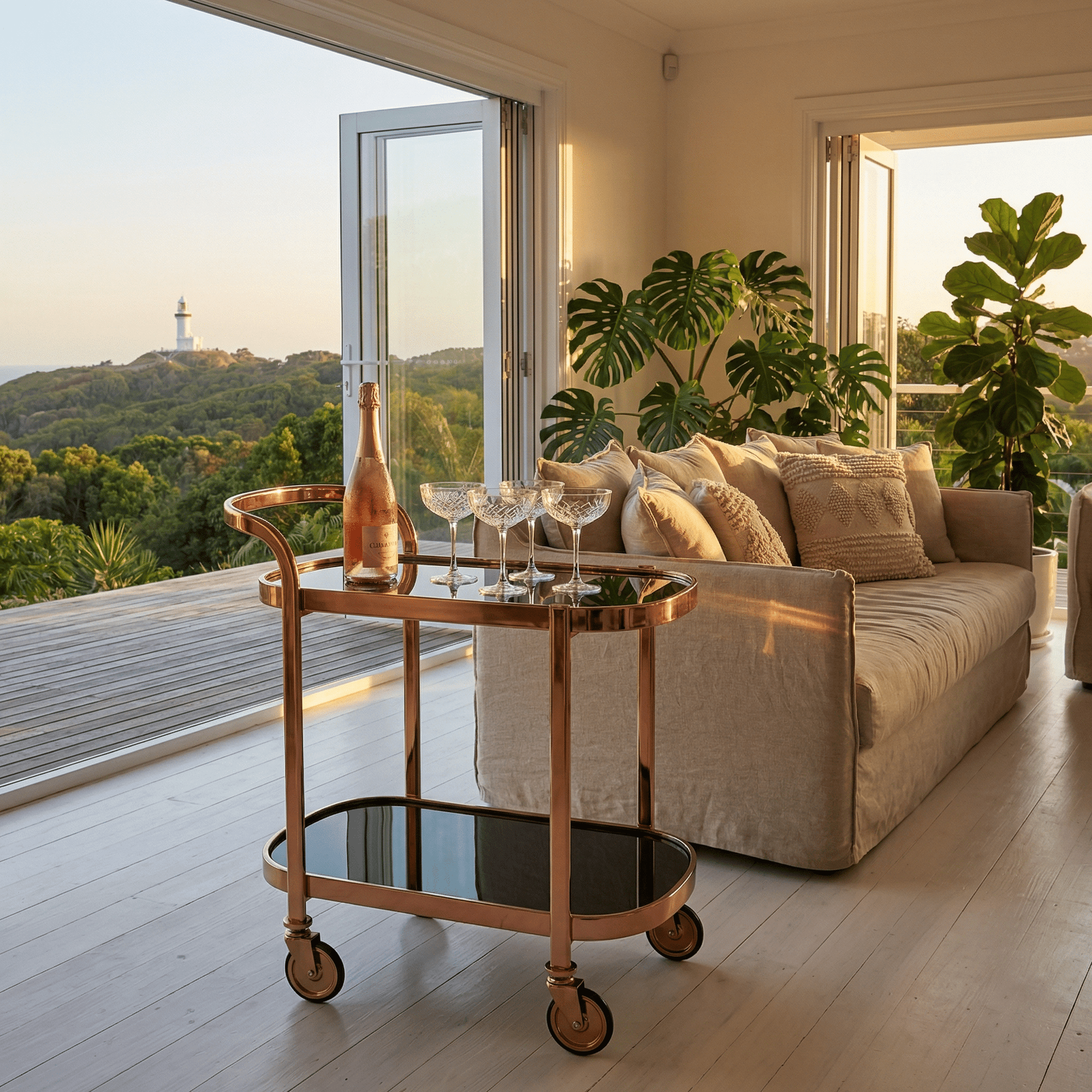 The Collins bar trolley side view — Rose Gold-accented black beverage cart