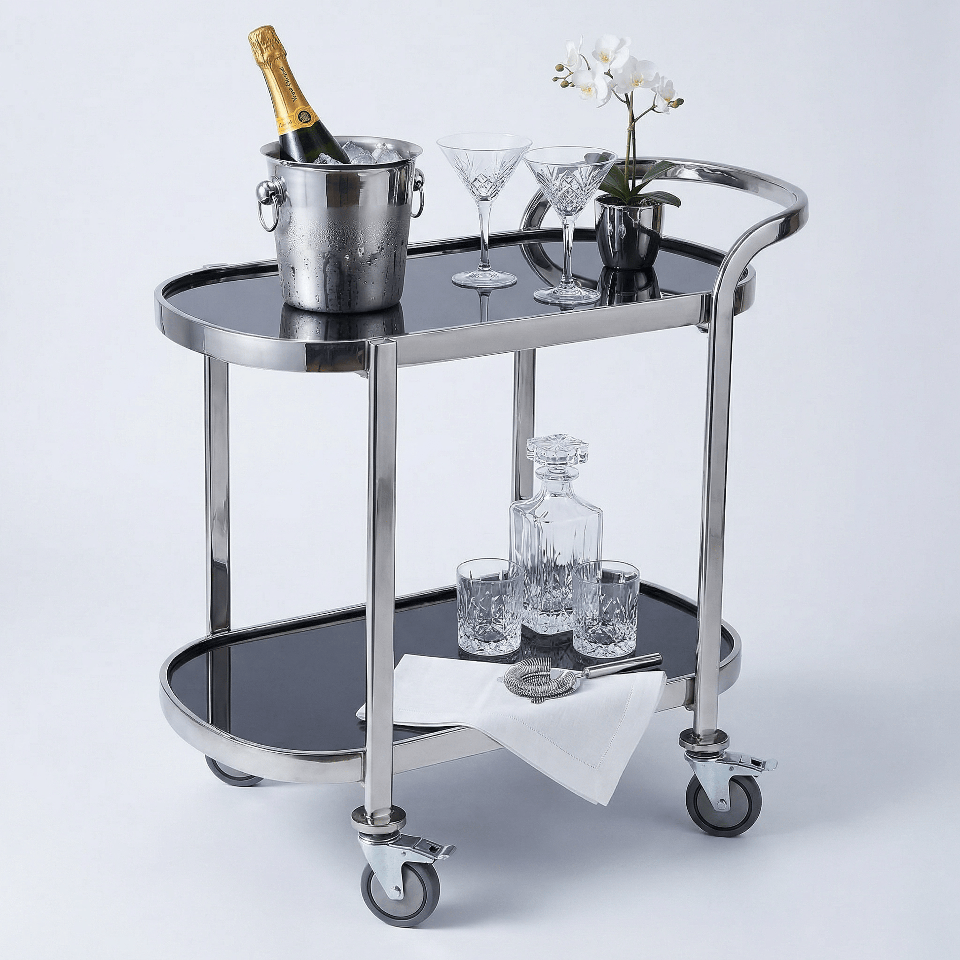 The Collins bar trolley side view — Silver-accented black beverage cart