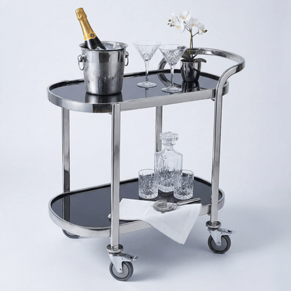 The Collins bar trolley side view — Silver-accented black beverage cart
