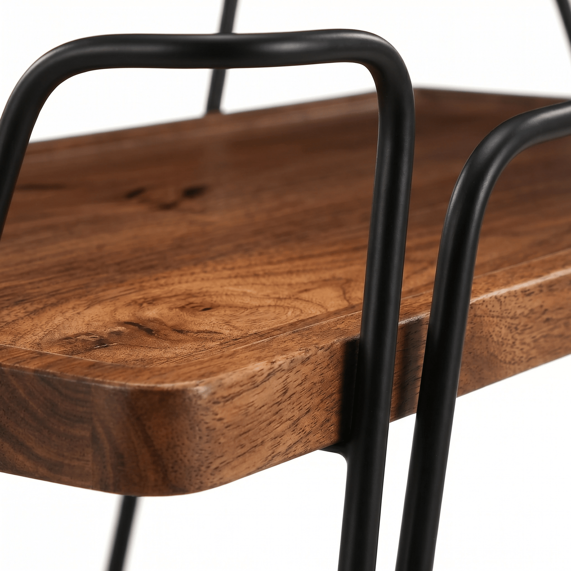 Close-up of The Double Bay Two-Tier Retro Iron Trolley in black with brown accents, styled with glassware and cocktails.