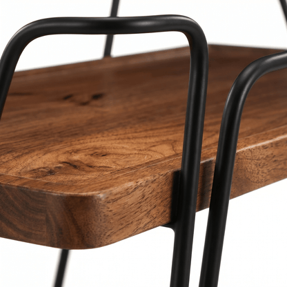 Close-up of The Double Bay Two-Tier Retro Iron Trolley in black with brown accents, styled with glassware and cocktails.