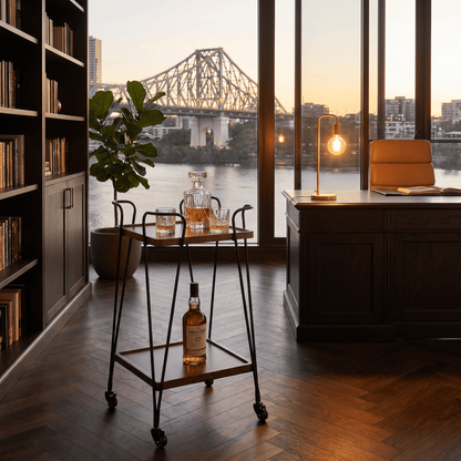The Double Bay bar cart side view — retro iron drinks trolley Australia