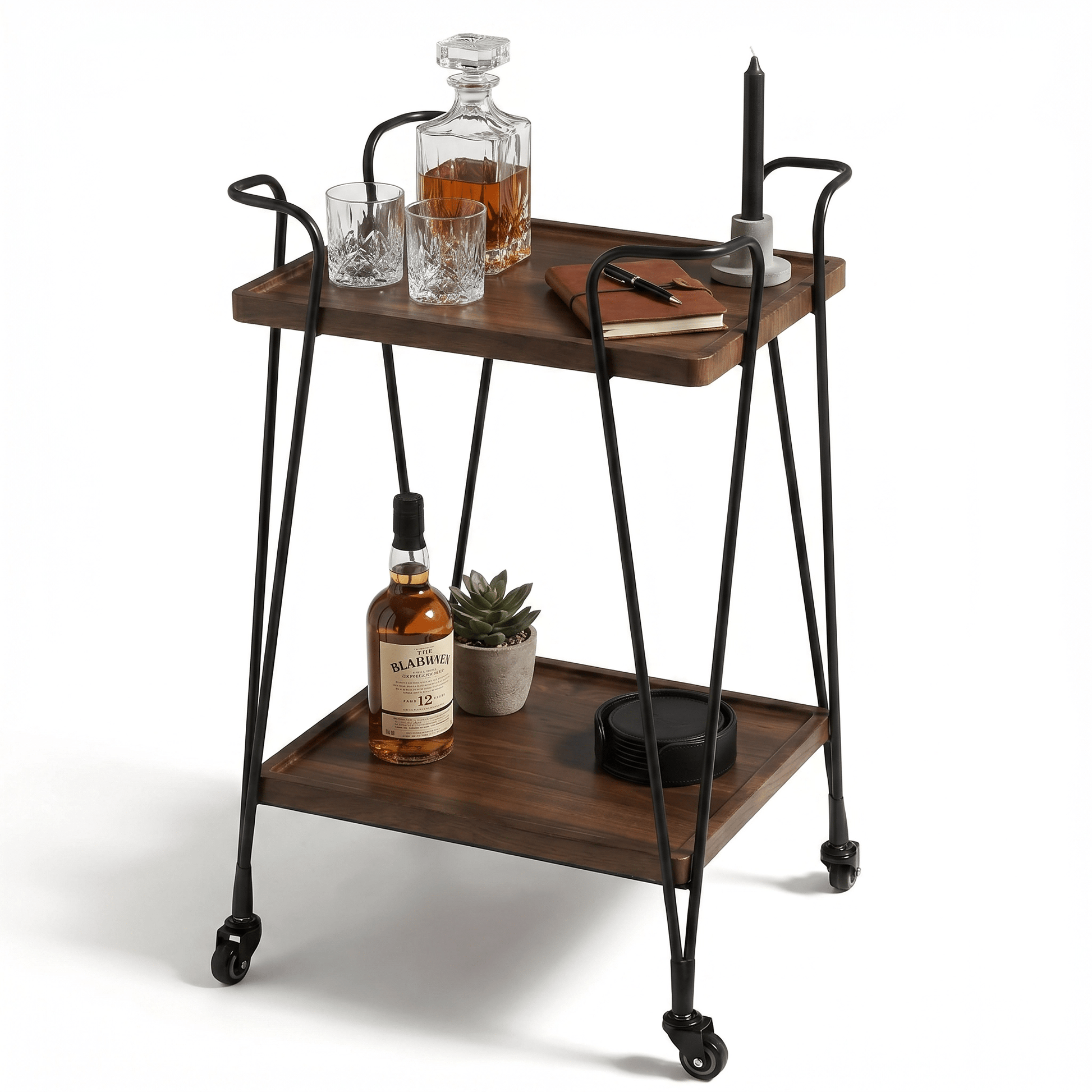 The Double Bay Two-Tier Retro Iron Trolley showcasing its sleek black frame and warm brown wooden shelves in a modern home bar setup.