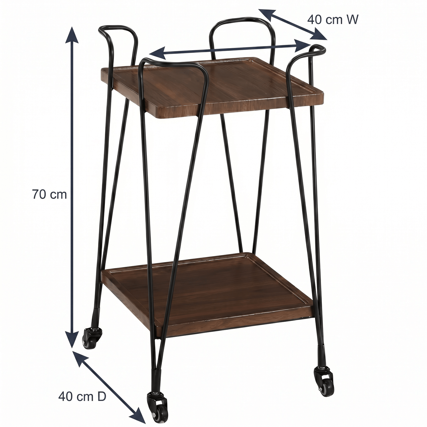 Close-up of The Double Bay Two-Tier Retro Iron Trolley by Royal Bar Carts showing black iron frame and brown wooden shelves in a stylish home setting