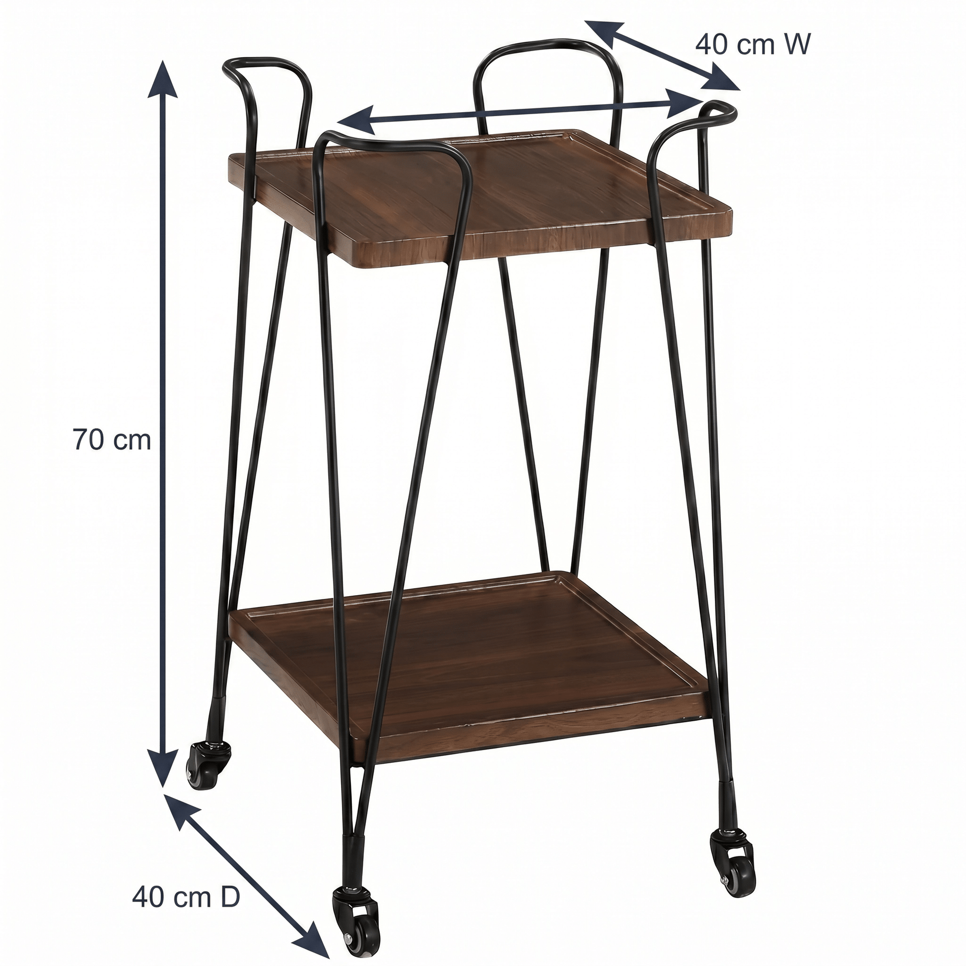 Close-up of The Double Bay Two-Tier Retro Iron Trolley by Royal Bar Carts showing black iron frame and brown wooden shelves in a stylish home setting