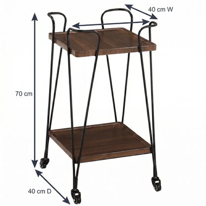 Close-up of The Double Bay Two-Tier Retro Iron Trolley by Royal Bar Carts showing black iron frame and brown wooden shelves in a stylish home setting