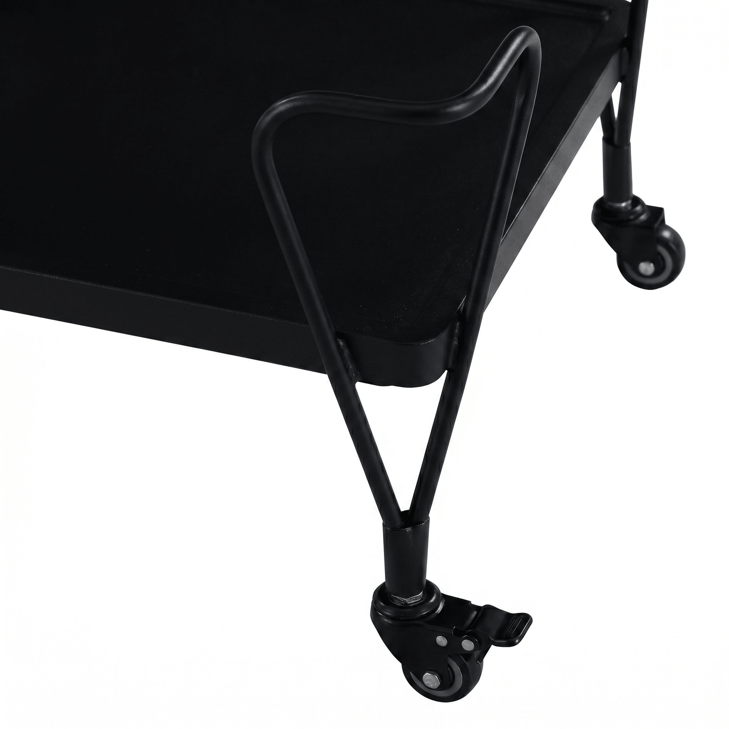 Close-up of the Double Bay Two-Tier Retro Iron Trolley in black showing sleek metal frame and stylish black shelves in a modern home bar setting