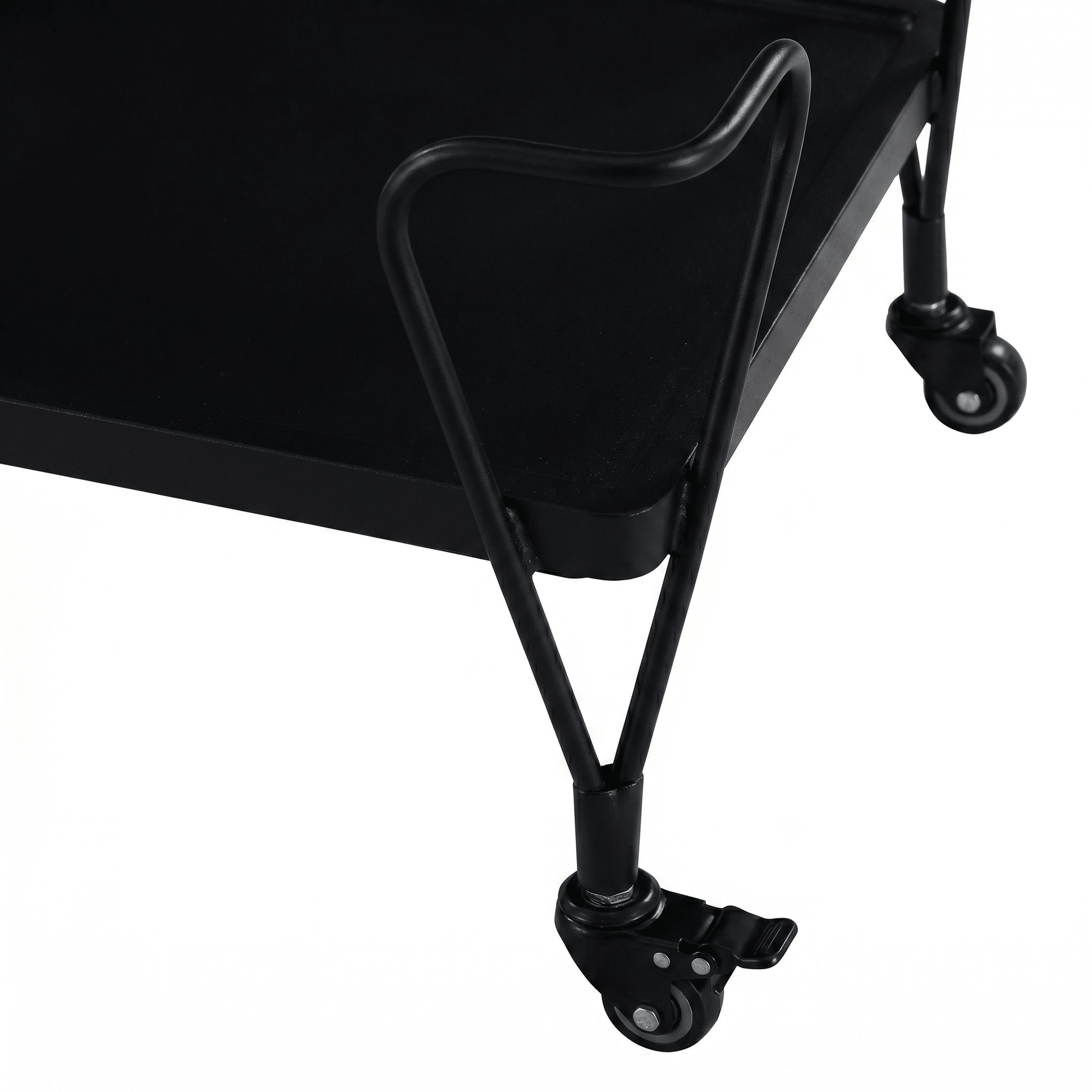 Close-up of the Double Bay Two-Tier Retro Iron Trolley in black showing sleek metal frame and stylish black shelves in a modern home bar setting