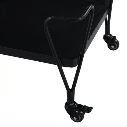 Close-up of the Double Bay Two-Tier Retro Iron Trolley in black showing sleek metal frame and stylish black shelves in a modern home bar setting