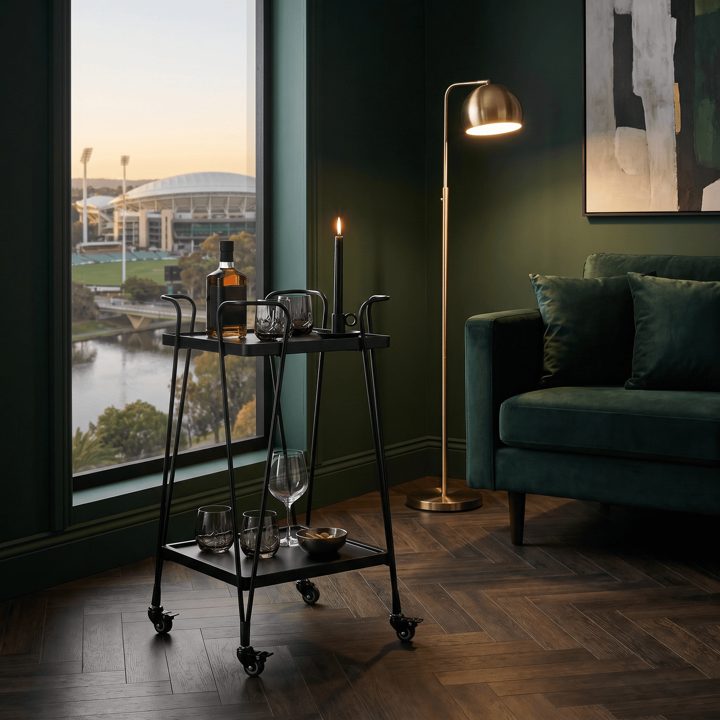 The Double Bay bar cart side view — retro iron drinks trolley Australia