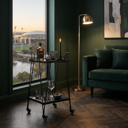 The Double Bay bar cart side view — retro iron drinks trolley Australia