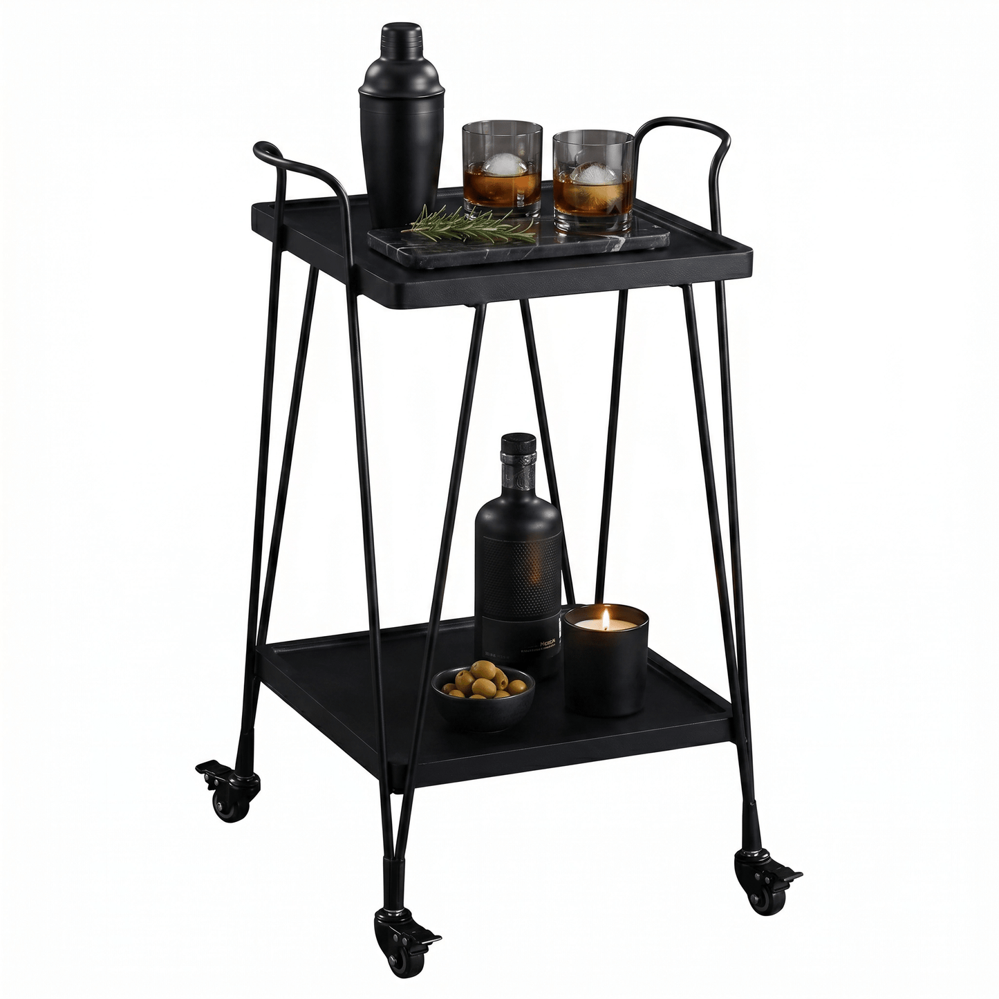 Close-up of The Double Bay Two-Tier Retro Iron Trolley by Royal Bar Carts showcasing black frame and black wooden shelves in a contemporary setting