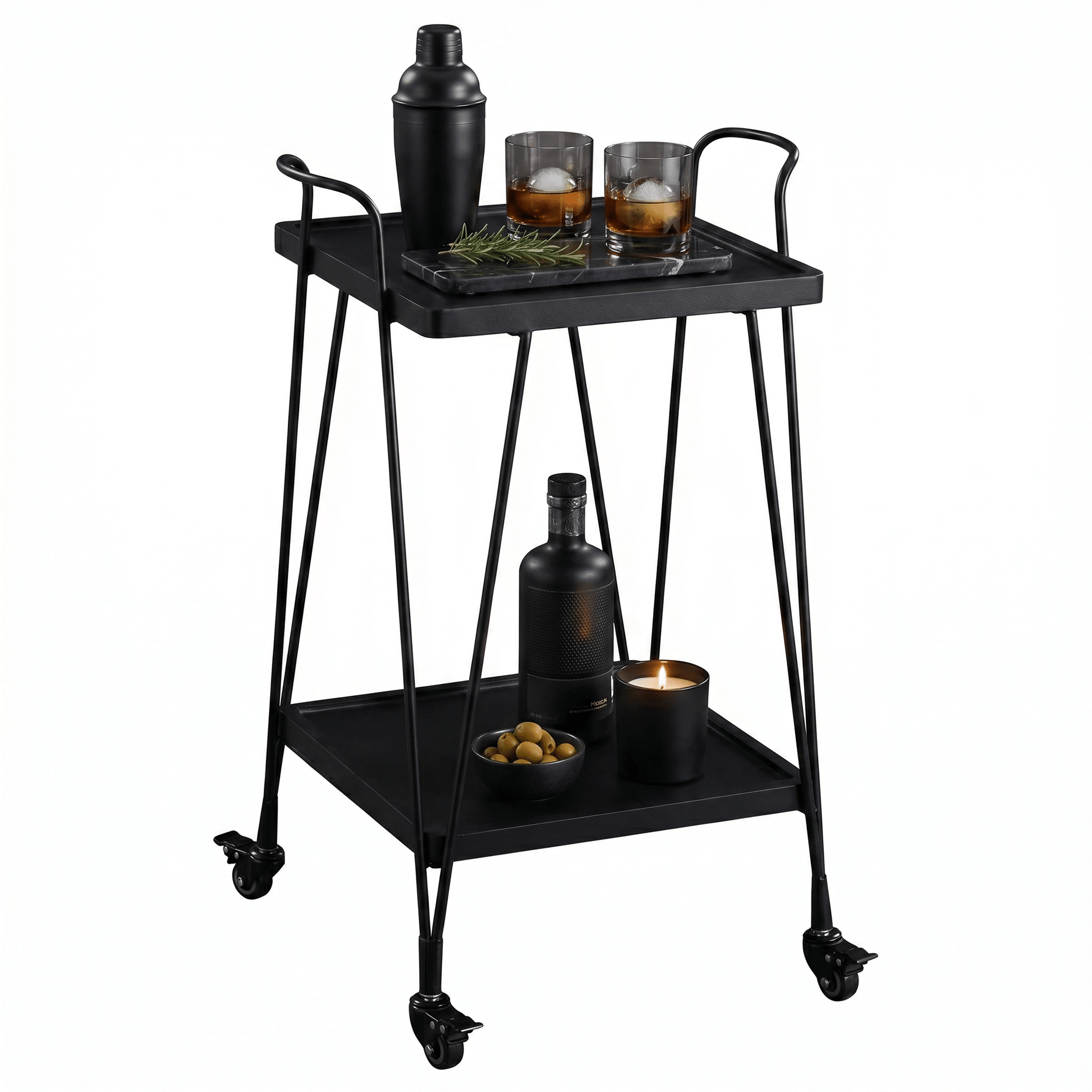 Close-up of The Double Bay Two-Tier Retro Iron Trolley by Royal Bar Carts showcasing black frame and black wooden shelves in a contemporary setting
