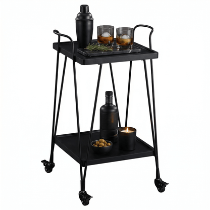 Close-up of The Double Bay Two-Tier Retro Iron Trolley by Royal Bar Carts showcasing black frame and black wooden shelves in a contemporary setting