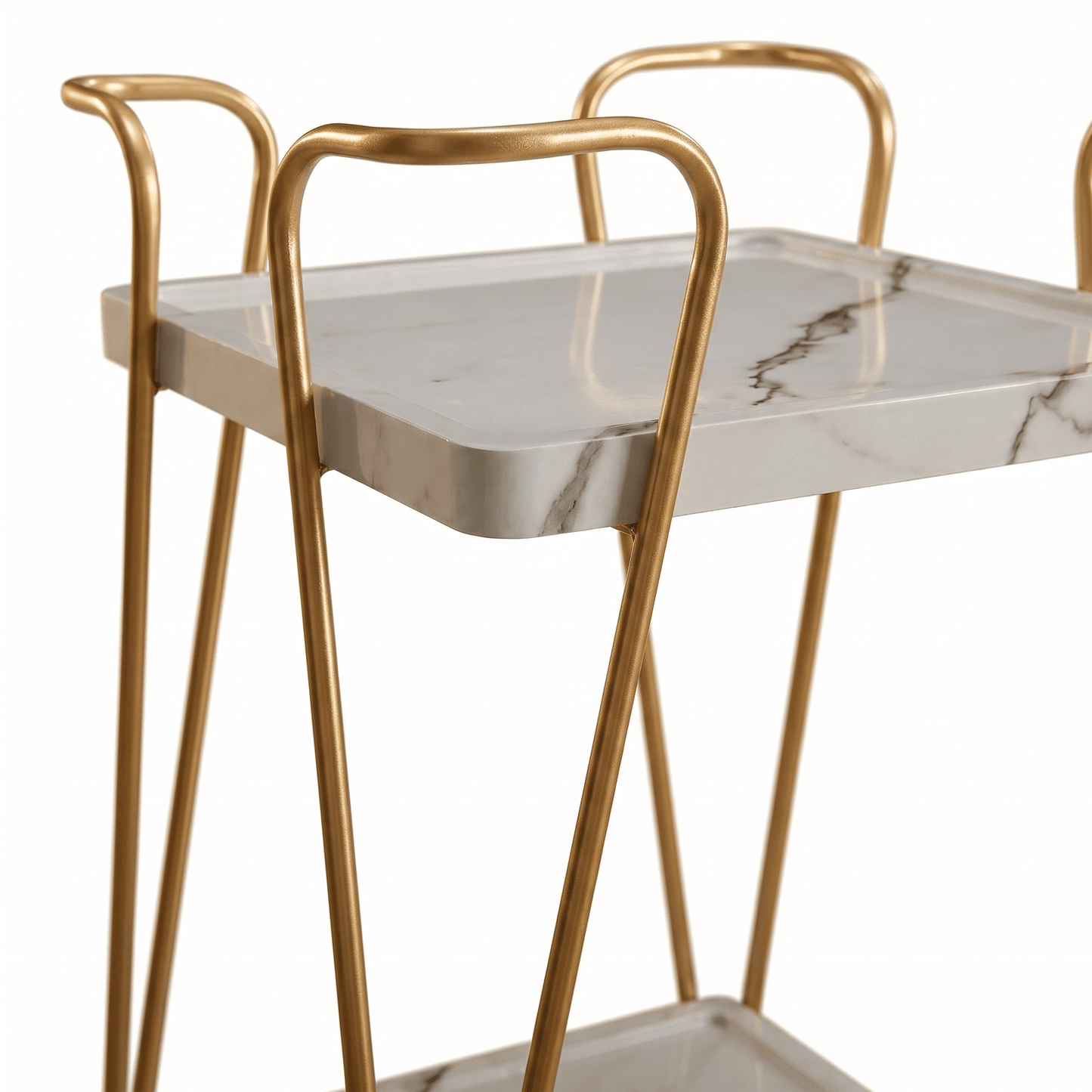 Close-up of The Double Bay Two-Tier Retro Iron Trolley by Royal Bar Carts showcasing Gold frame with white shelves in a contemporary setting