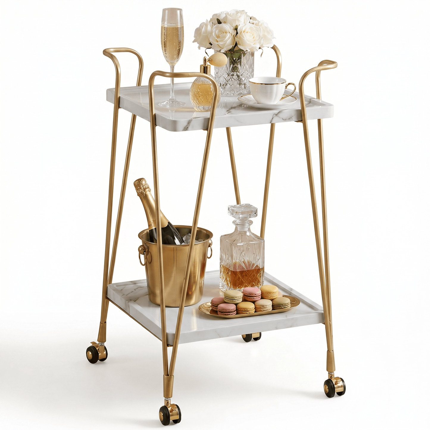 The Double Bay retro White with Gold trolley with wine and glasses — two-tier iron bar cart