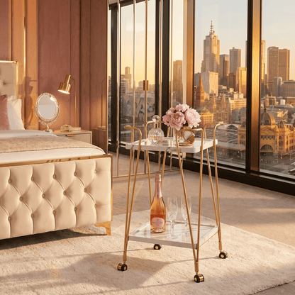 The Double Bay retro White with Gold trolley with wine and glasses — two-tier iron bar cart