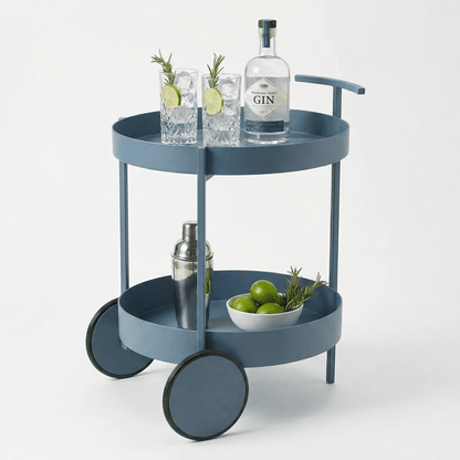 The Elwood Nordic Round Side Cart by Royal Bar Carts showcasing blue finish and coastal deco styling details