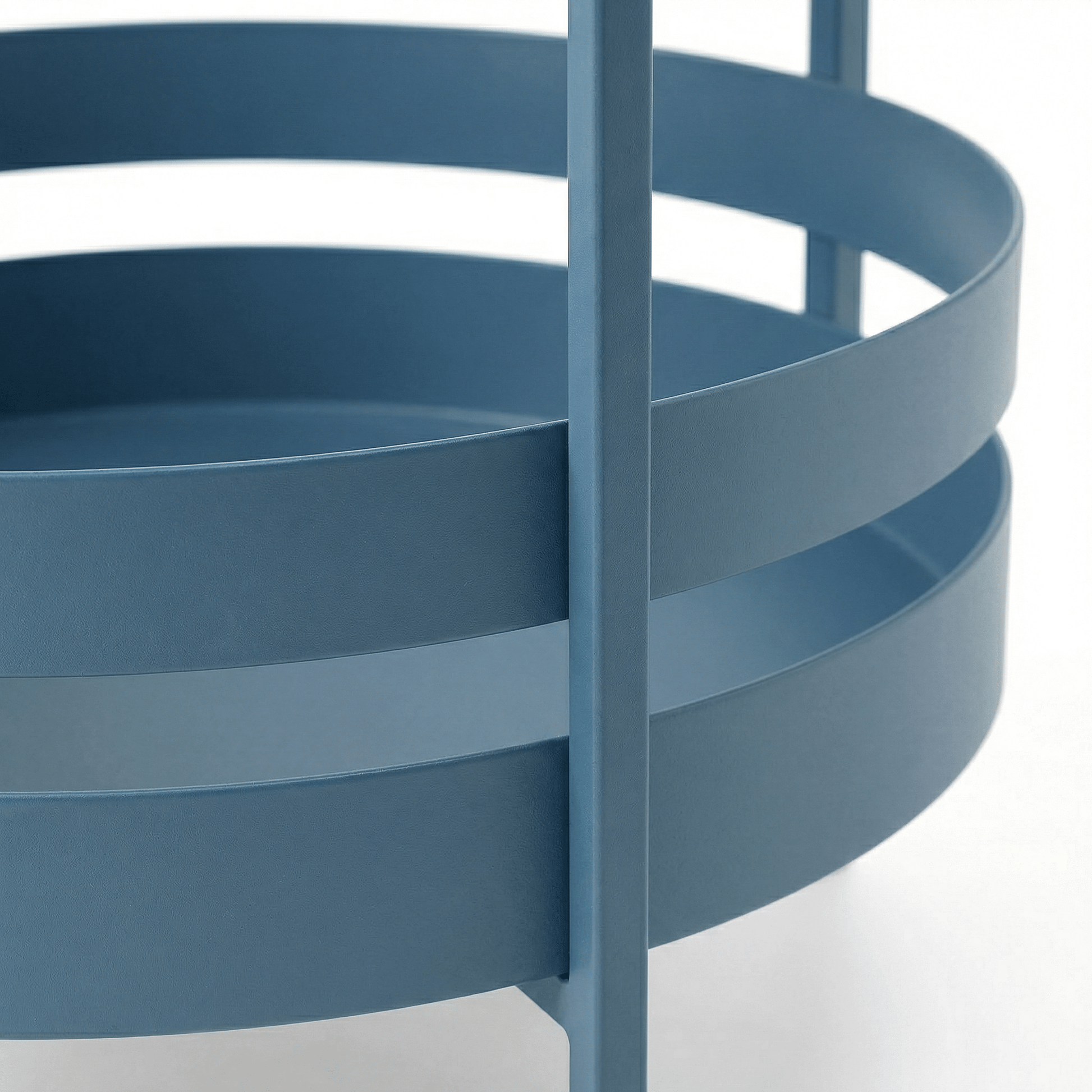 Close-up of The Elwood Nordic Round Side Cart by Royal Bar Carts styled with coastal deco and blue glassware in a bright room