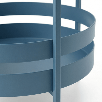 Close-up of The Elwood Nordic Round Side Cart by Royal Bar Carts styled with coastal deco and blue glassware in a bright room