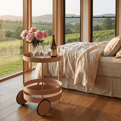 The Elwood bar cart styled with plants and drinks — round Pink side Trolley