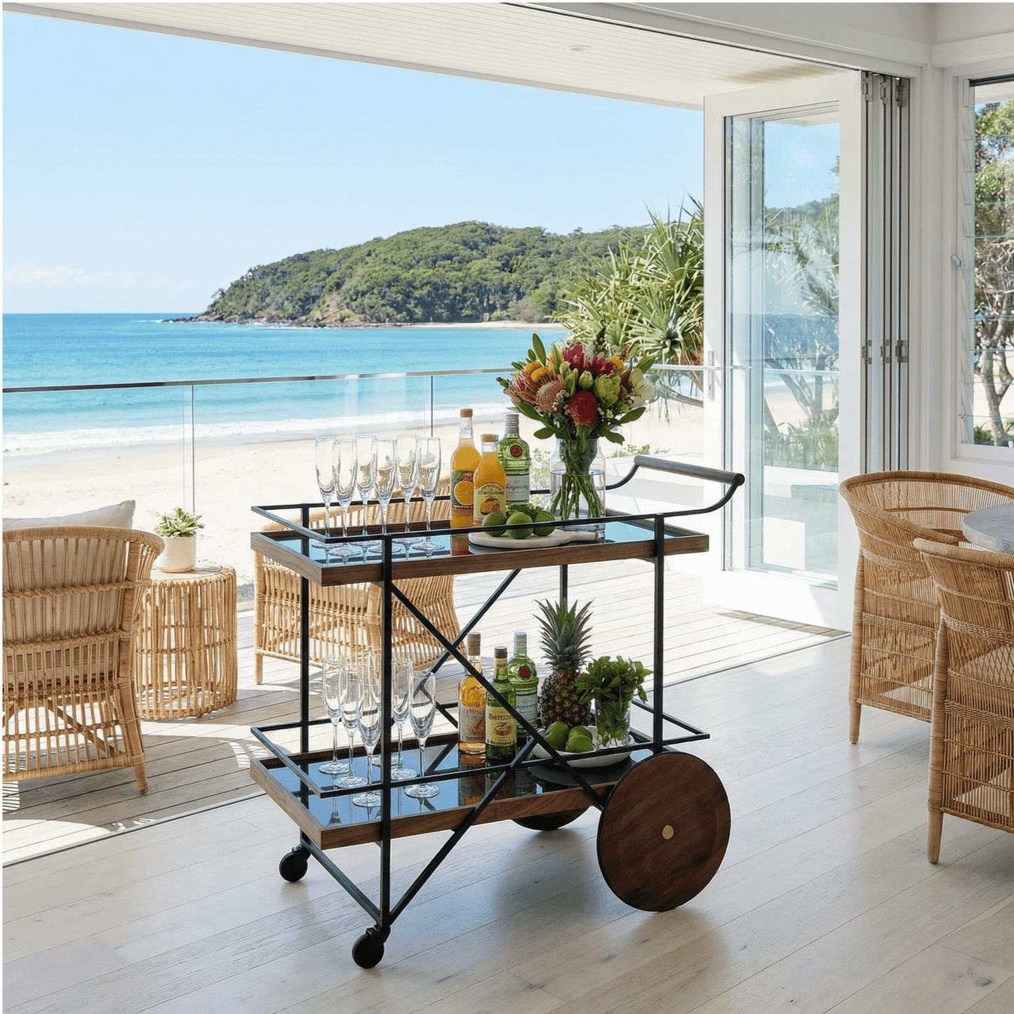 The Fitzroy Wood & Iron Bar Cart by Royal Bar Carts showcasing black iron frame and coastal deco styling details.