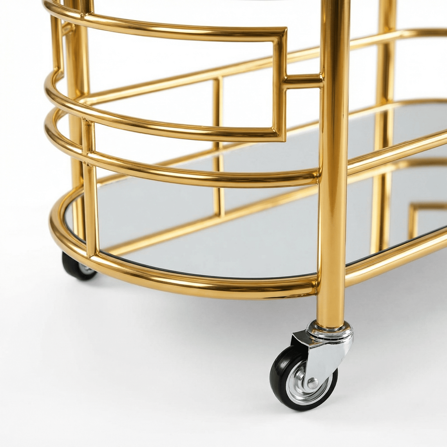 Close-up of The Gatsby Art Deco Drinks Trolley by Royal Bar Carts showcasing glass shelves and sleek contemporary design.