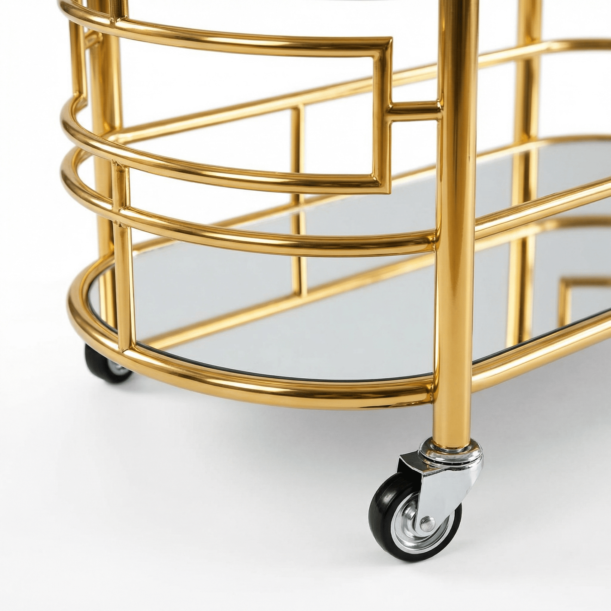 Close-up of The Gatsby Art Deco Drinks Trolley by Royal Bar Carts showcasing glass shelves and sleek contemporary design.