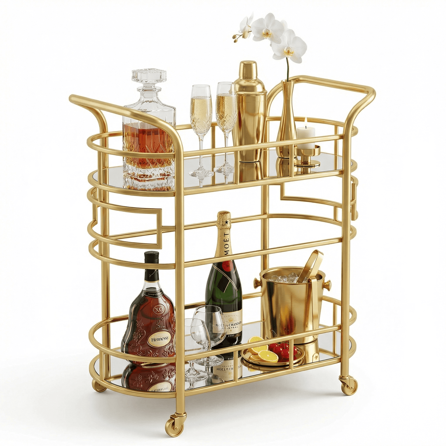 The Gatsby Art Deco drinks trolley — gold spoke-wheel bar cart Australia, 1920s glamour