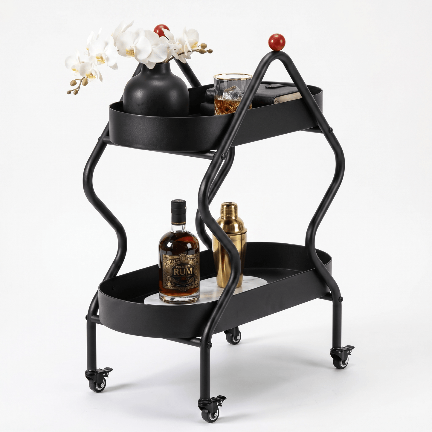The Glebe Artisan Iron Side Cart by Royal Bar Carts showing black iron frame and coastal deco styling in a living room setting