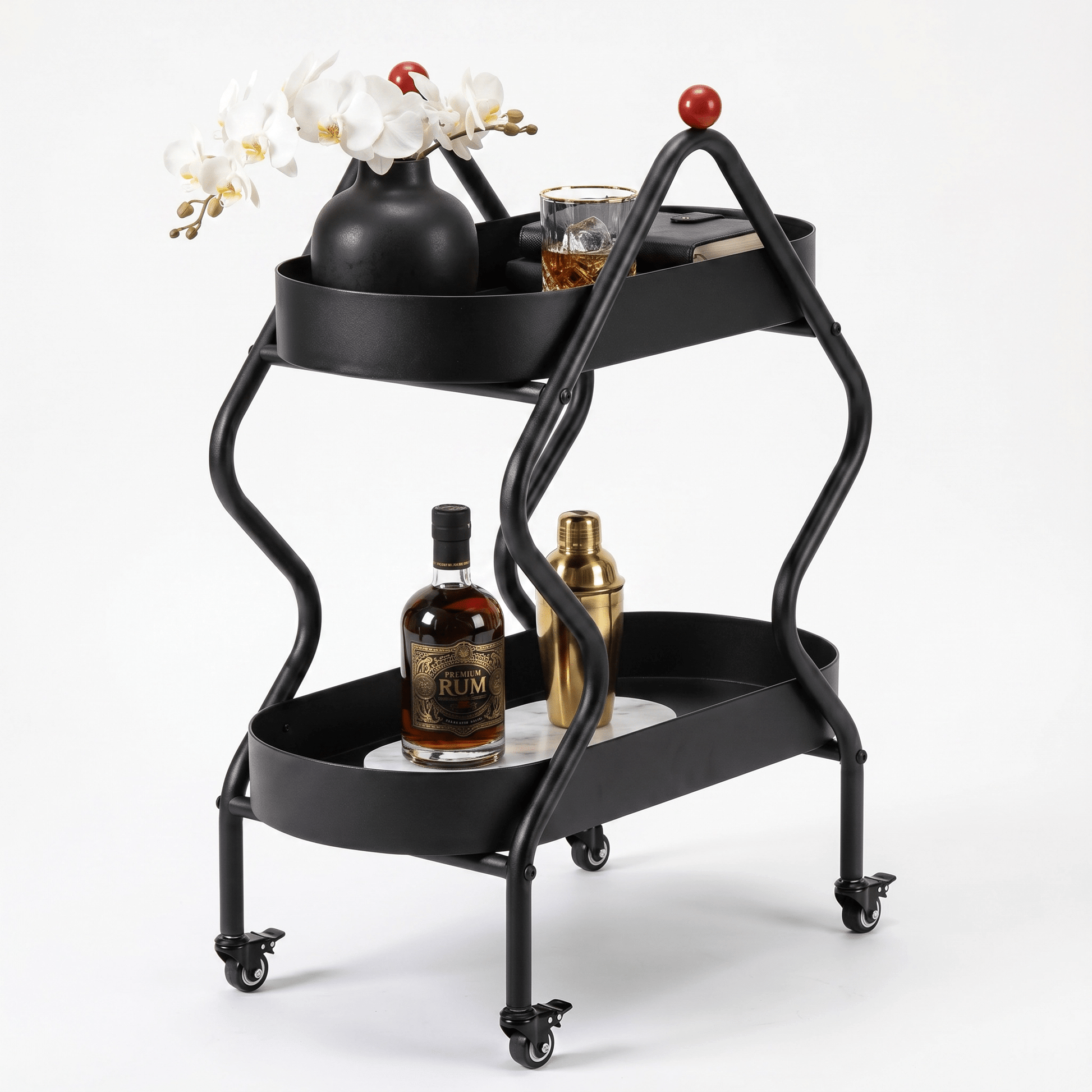 The Glebe Artisan Iron Side Cart by Royal Bar Carts showing black iron frame and coastal deco styling in a living room setting