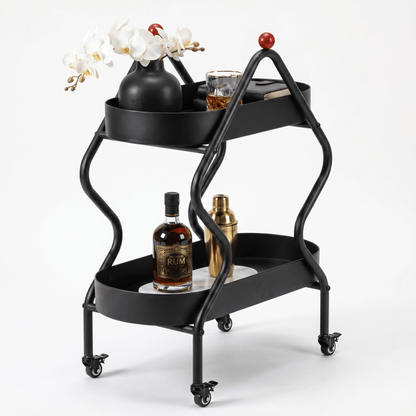 The Glebe Artisan Iron Side Cart by Royal Bar Carts showing black iron frame and coastal deco styling in a living room setting