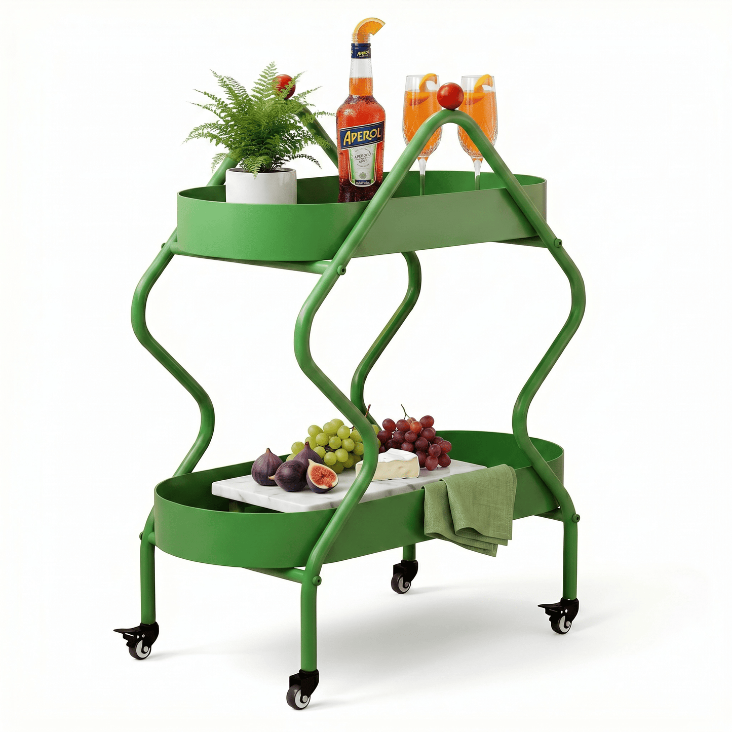 The Glebe Artisan Iron Side Cart in green, styled with coastal deco accents, showcasing its sleek iron frame.