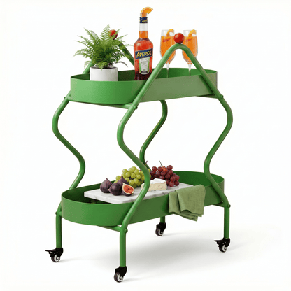 The Glebe Artisan Iron Side Cart in green, styled with coastal deco accents, showcasing its sleek iron frame.