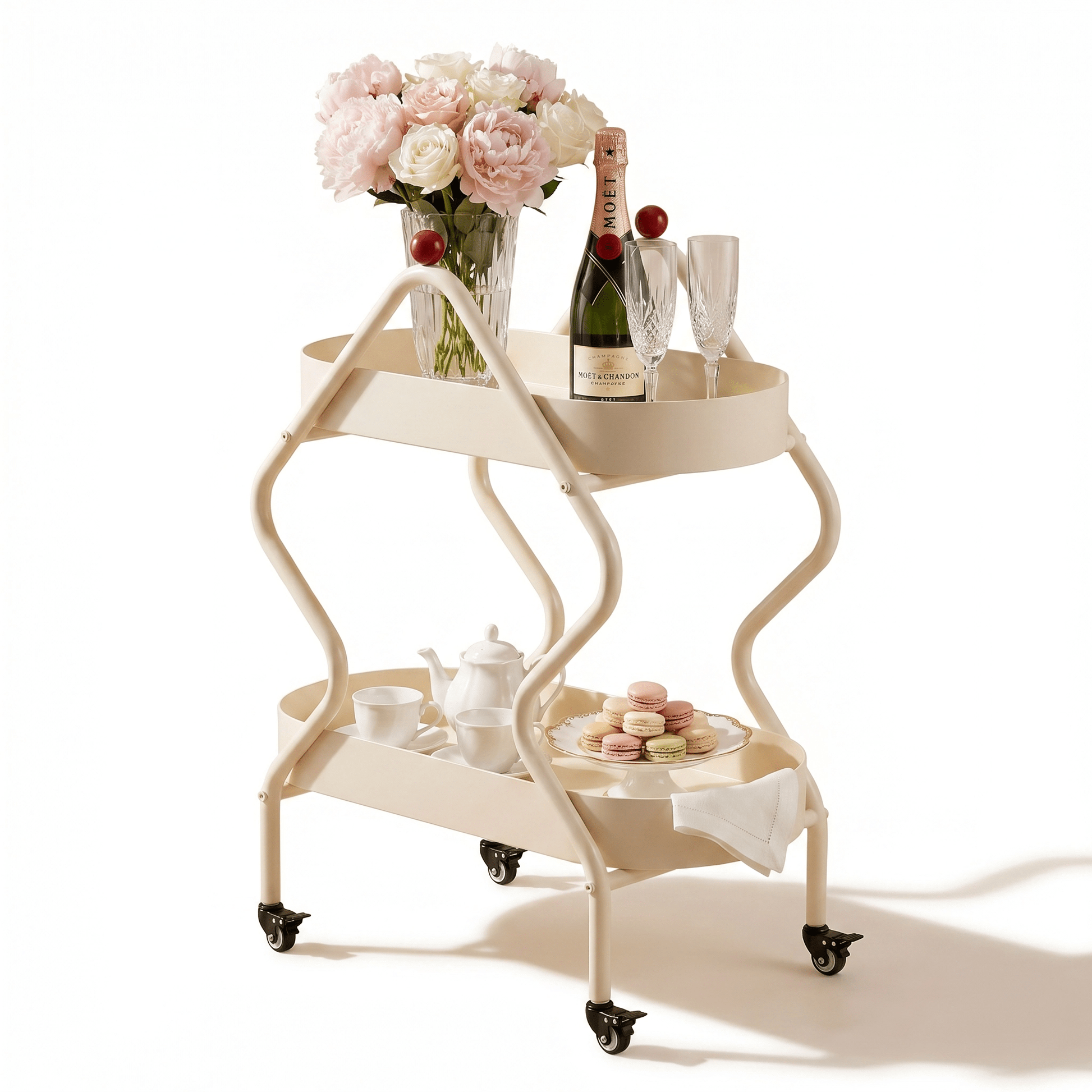 Close-up of The Glebe Artisan Iron Side Cart by Royal Bar Carts showing White iron frame and coastal deco styling details.