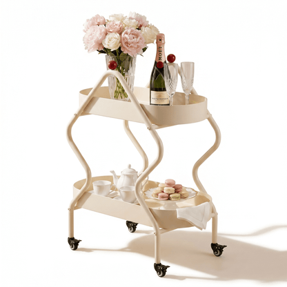 Close-up of The Glebe Artisan Iron Side Cart by Royal Bar Carts showing White iron frame and coastal deco styling details.