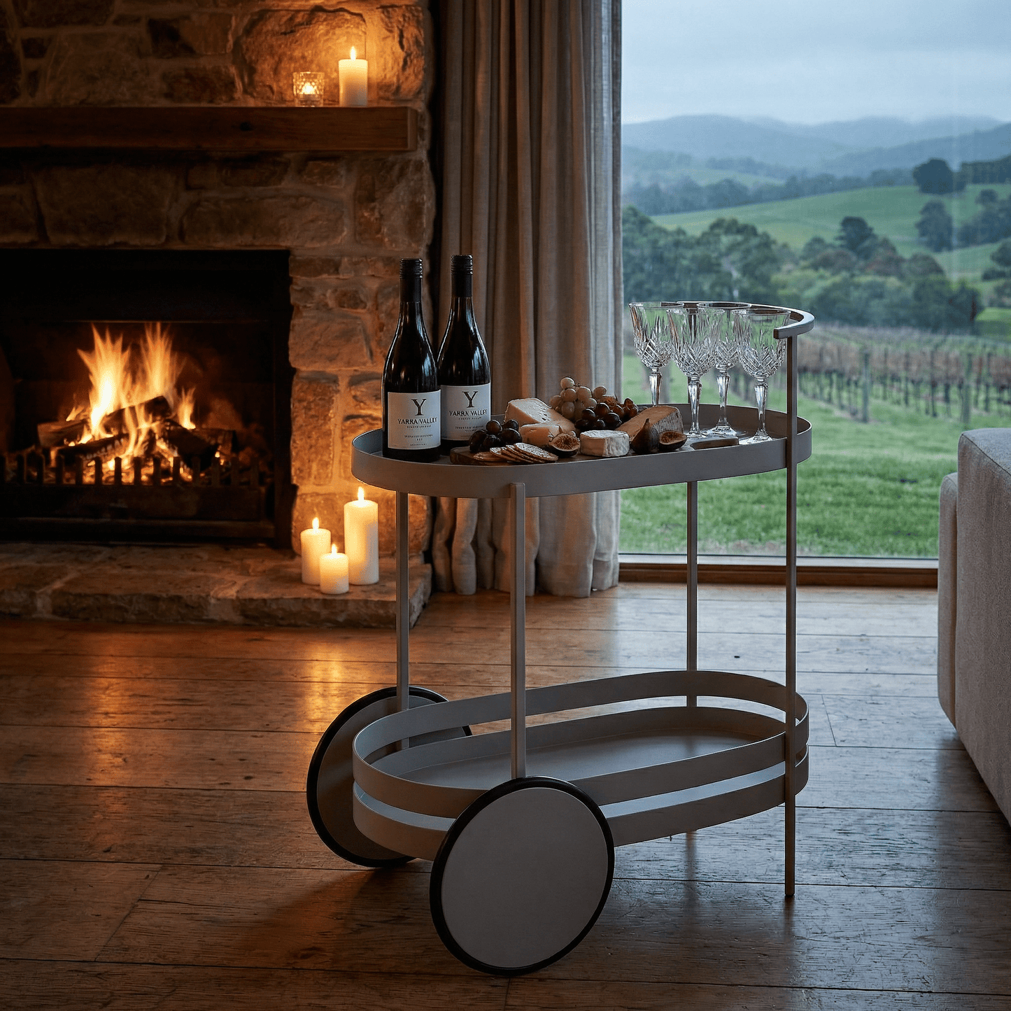 The Kirra oval bar cart side view — Scandi Gray bar trolley Australia