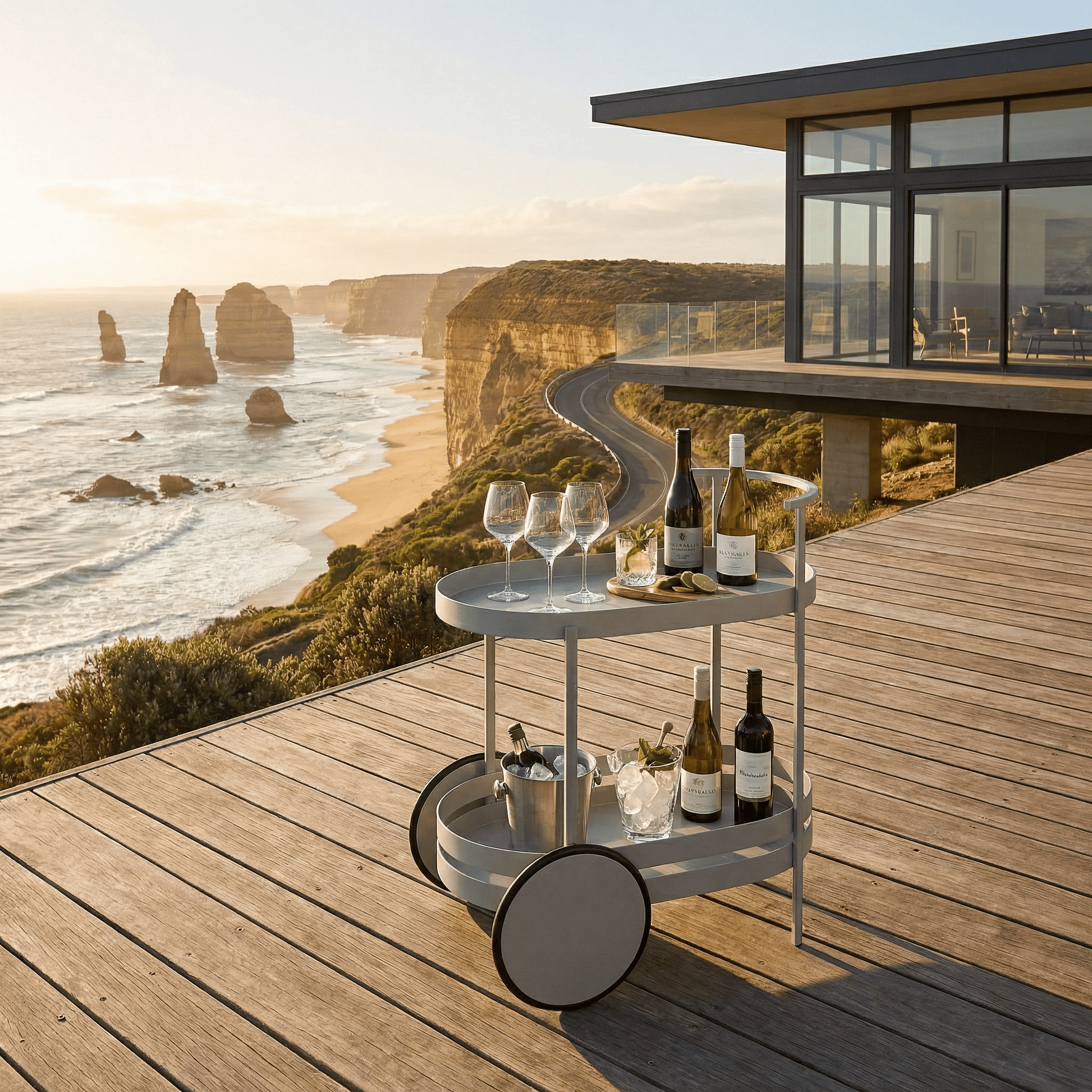 The Kirra bar cart in outdoor setting — Nordic alfresco drinks cart Australia