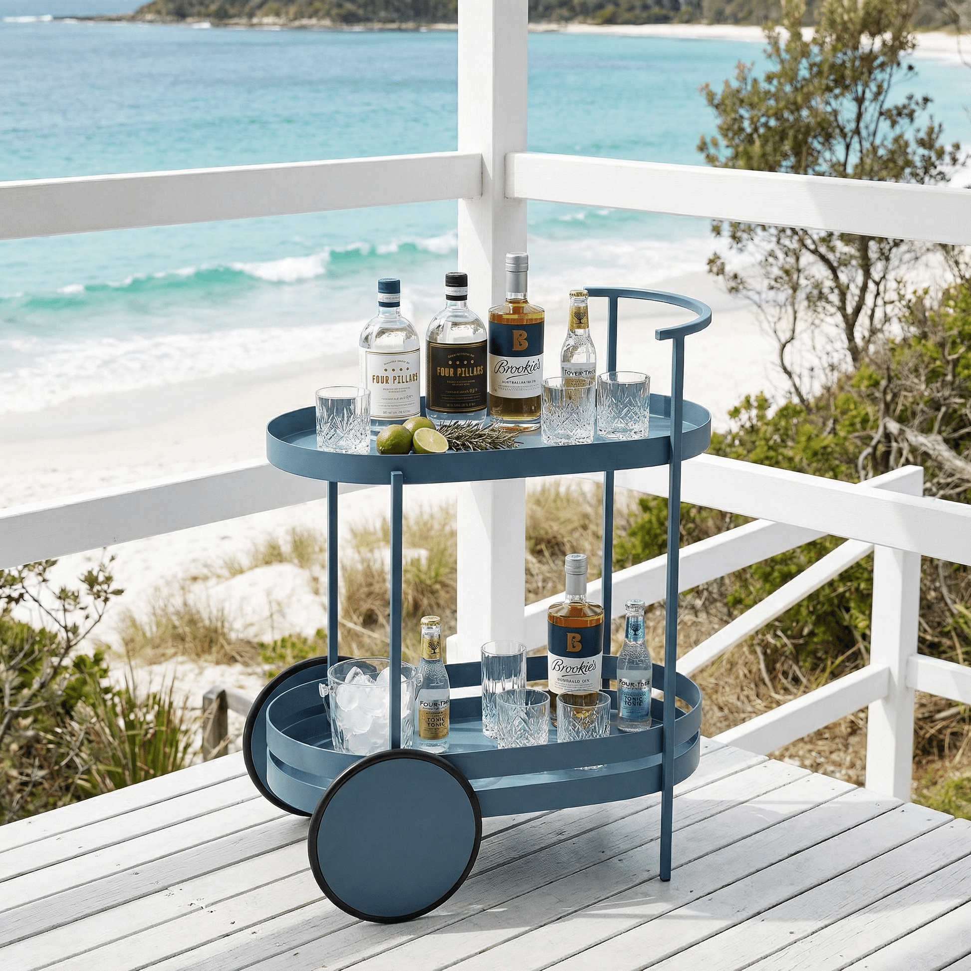 The Kirra bar cart in outdoor setting — Nordic alfresco drinks cart Australia