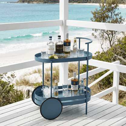 The Kirra bar cart in outdoor setting — Nordic alfresco drinks cart Australia