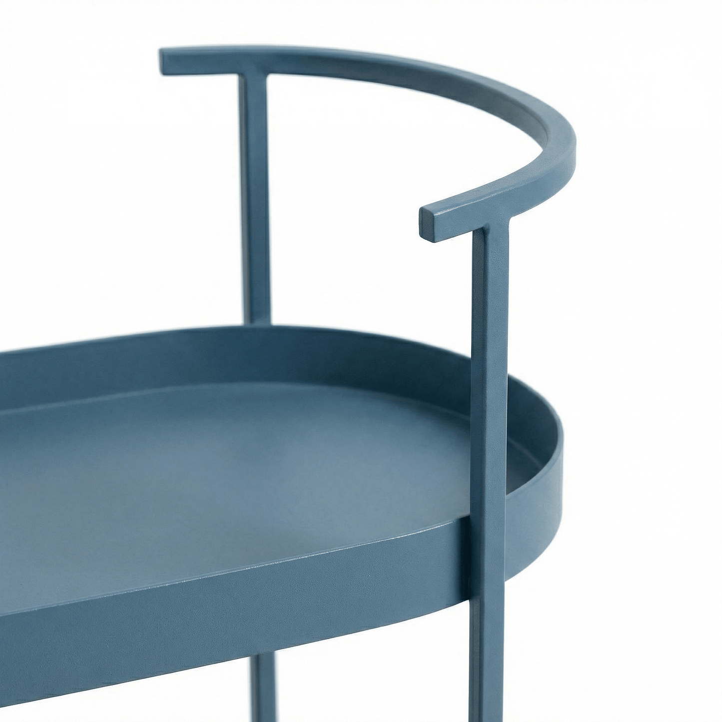 The Kirra Nordic Oval Bar Cart in blue, styled with coastal deco accents in an elegant living space.