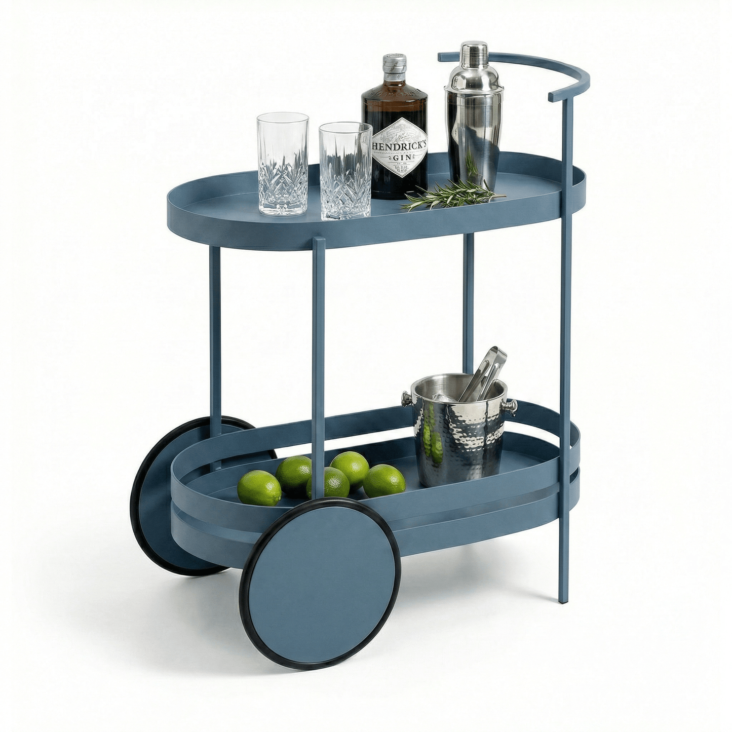 The Kirra Nordic blue bar cart top tier — white oval bar trolley Australia
