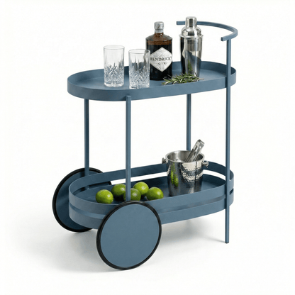 The Kirra Nordic blue bar cart top tier — white oval bar trolley Australia