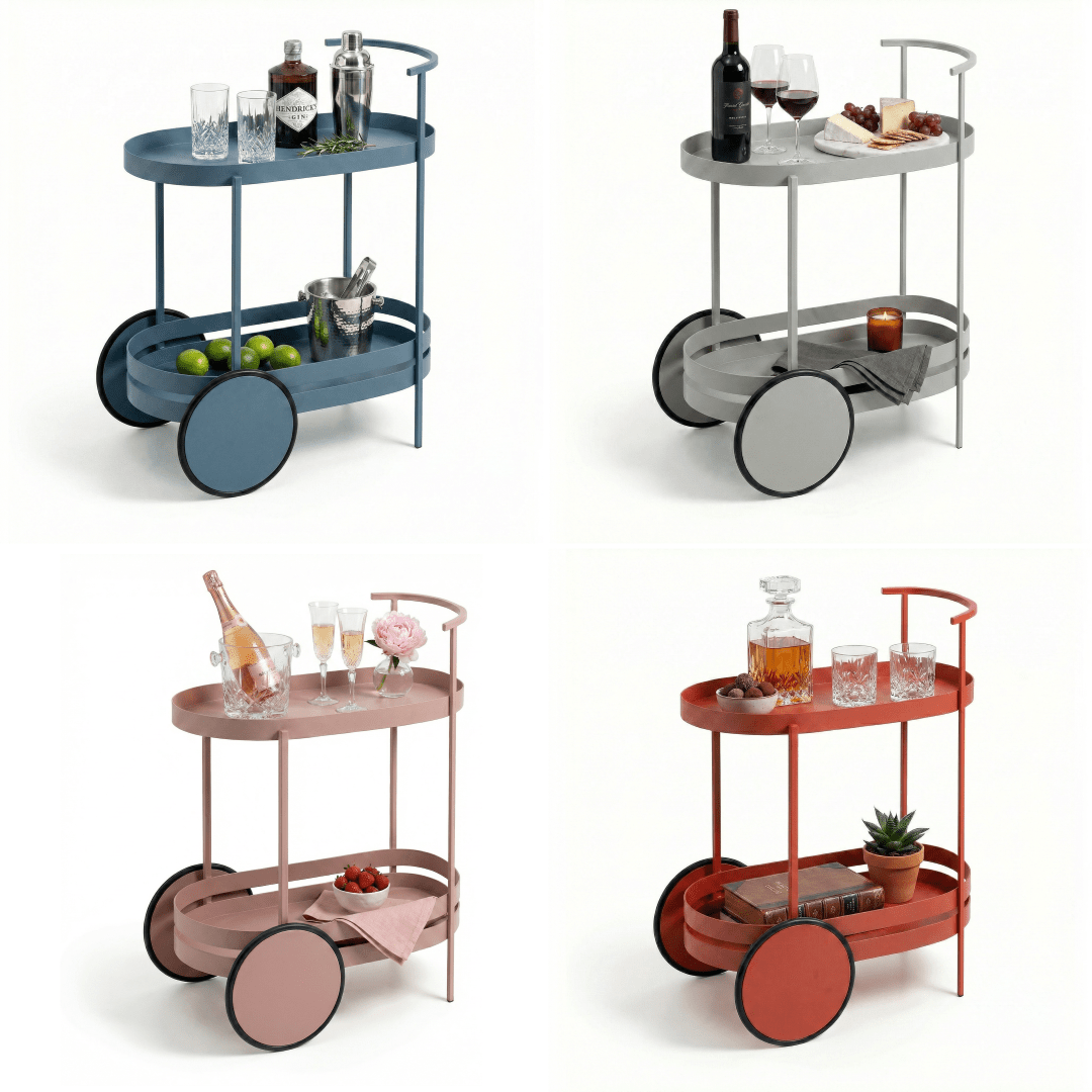 The Kirra Nordic oval bar cart — white Scandinavian bar trolley Australia, outdoor entertaining