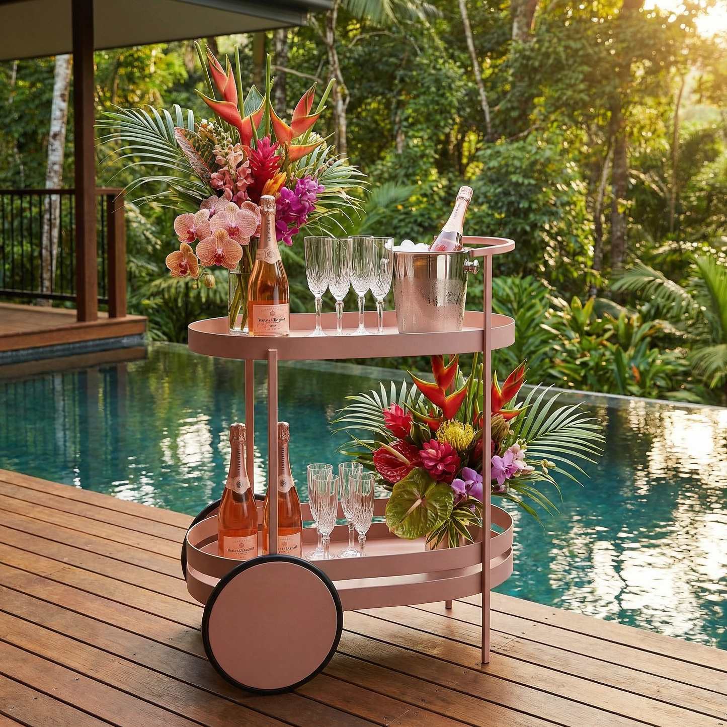 The Kirra Nordic oval bar cart — Pink Scandinavian bar trolley Australia, outdoor entertaining
