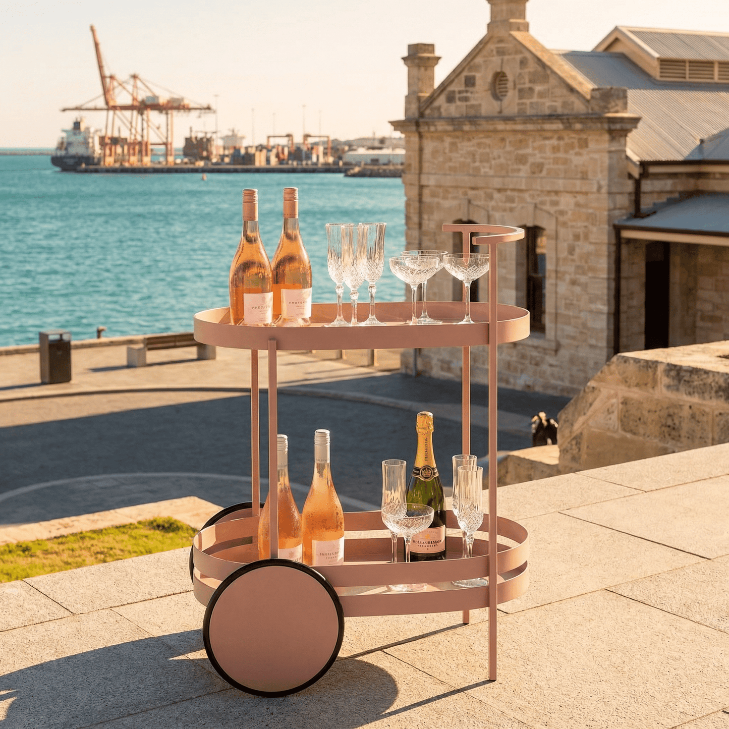 The Kirra Nordic oval bar cart — Pink Scandinavian bar trolley Australia, outdoor entertaining