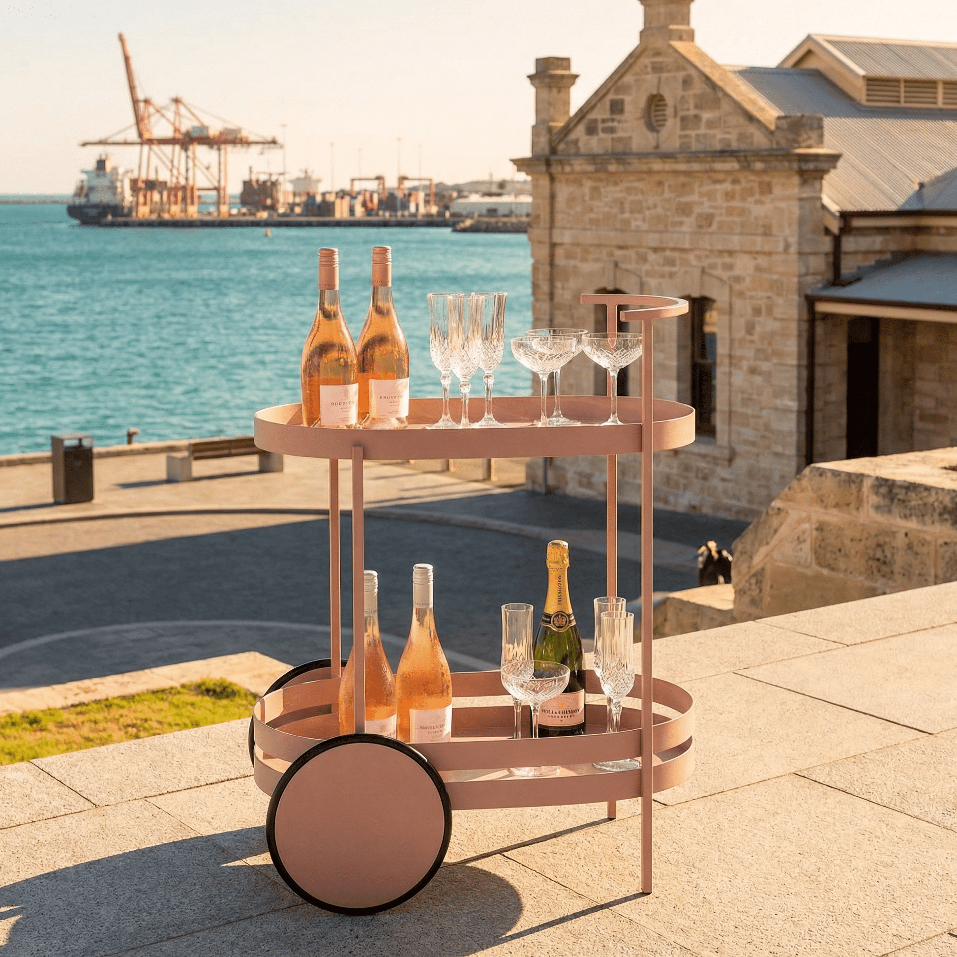 The Kirra Nordic oval bar cart — Pink Scandinavian bar trolley Australia, outdoor entertaining